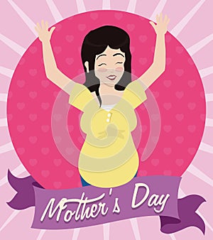 Smiling Pregnant Woman with her Hands Up Celebrating Mother's Day, Vector Illustration