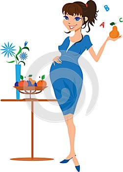 Smiling pregnant woman with pear