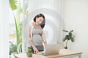 Smiling pregnant woman using laptop, at home. Online shopping, pregnancy concept, copy space