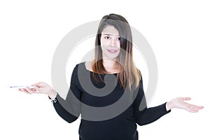 Smiling pretty girl making funny expression faces over white background