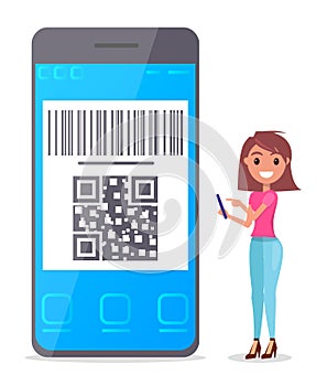 Smiling pretty girl with phone in hands, big smartphone with QR code scanning, cashless payment