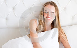 Smiling pretty woman, sensual fresh happy face, positive emotions, relax and rest concept