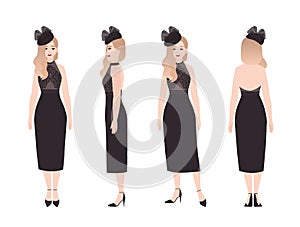 Smiling pretty woman wearing elegant luxury black evening dress for formal occasion. Stylish female character isolated