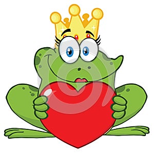 Smiling Princess Frog Cartoon Mascot Character With Crown Holding A Love Heart.