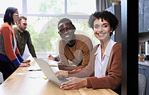 Smiling professional business leaders and employees group team portrait