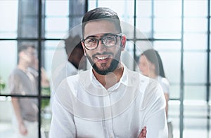 Smiling professional business leaders and employees group team portrait