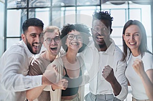 Smiling professional business leaders and employees group team portrait