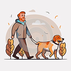 Smiling professional dog walker with dog on leash on a walk in the city. Dog Walking Service. Cartoon vector illustration