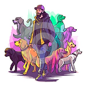 Smiling professional dog walker with dogs on leash on a walk in the city. Dog Walking Service. Cartoon vector illustration