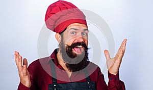 Smiling professional male chef in uniform and apron. Portrait of bearded cook or baker. Cooking.