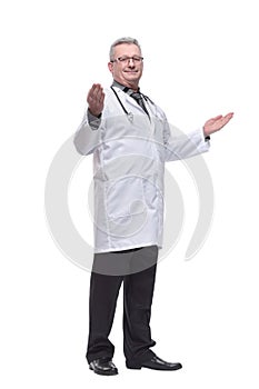 Smiling professional older man doctor wears white coat, glasses and stethoscope