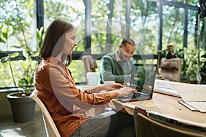 Smiling professional young businesswoman using laptop in coworking space