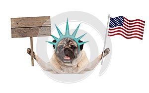 Smiling pug puppy dog holding up American flag and blank wooden sign, wearing lady Liberty crown