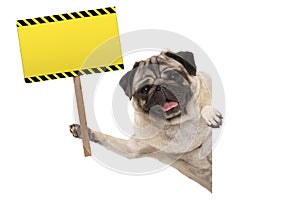 Smiling pug puppy dog holding up blank rectangular yellow warning sign