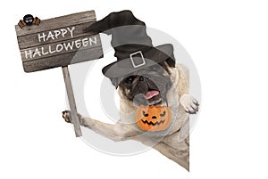 Smiling pug puppy dog holding up wooden sign with happy halloween and wearing witch hat and pumpkin