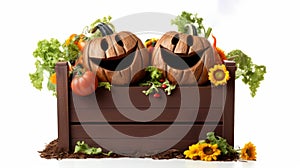 Smiling Pumpkins In Wooden Box: Horror-inspired Organic Sculpting