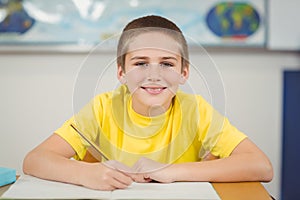 Smiling pupil working at his desk in a classroom