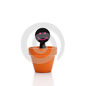 Smiling puppet appears from flower pot