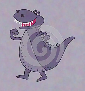 Smiling purple dinosaur crocodile with sharp teeth on profile while walking - illustration