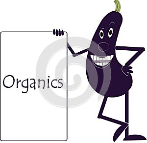 Smiling purple eggplant with arms and legs, eyes, plaque with the inscription Organics