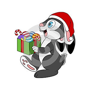 Smiling rabbit carries a full box of christmas balls and sweets. Cartoon bunny or hare in santa hat preparing for the holiday.