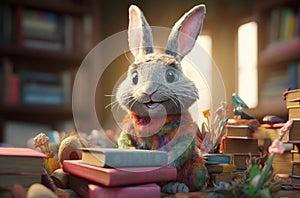 Smiling rabbit with glint at desk books. Generate Ai