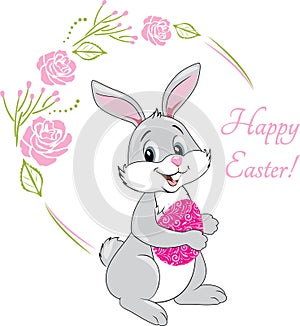 Smiling rabbit with a pink Easter egg in his hands. Festive design