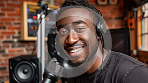 Smiling radio presenter speaking into microphone during live broadcast in studio