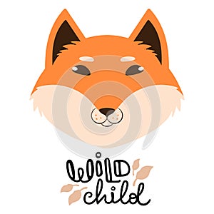 Vector illustration of a cute cartoon red fox face signed wild child