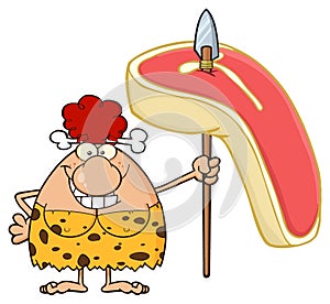 Smiling Red Hair Cave Woman Cartoon Mascot Character Holding A Spear With Big Raw Steak.