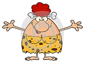 Smiling Red Hair Cave Woman Cartoon Mascot Character With Open Arms For A Hug.