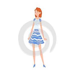 Smiling Red Haired Girl Wearing Blue and White Dress Cartoon Vector Illustration
