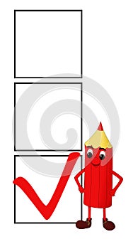 Smiling red pencil with 3 check boxes