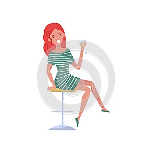 Smiling redhead drunk young woman cartoon character, girl sitting on bar stool with glass of alcoholic drink vector