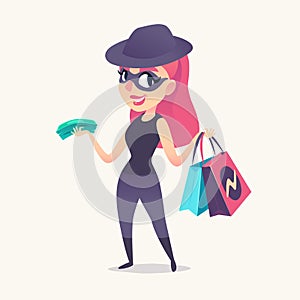 Smiling redhead spy female as mystery shopper in mask, black hat and dark suit, with purchases and money in hands.