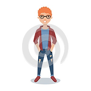 Smiling redheaded guy student in glasses, checkered shirt and ripped jeans cartoon character vector Illustration