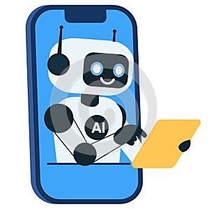Smiling robot chat bot with yellow tablet on mobile screen