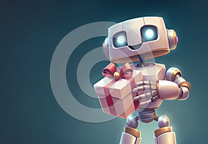 Smiling robot holding a present box with red ribbon over dark background, generative AI illustration with copy space