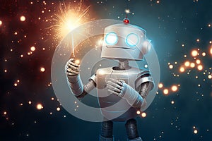 Smiling robot with sparkler light in its hand, sparkles over dark blue backgrpound. Generative AI illustration