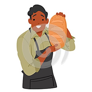 Smiling Salesman Character, Donned In Black Apron, Proudly Presents A Freshly Baked Bread Loaf, Its Golden Crust