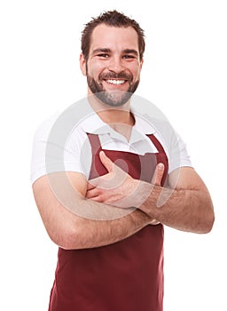 Smiling salesman with crossed arms