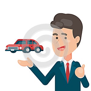 Smiling Salesperson showing the car, business car sale concept, Vector character illustration.