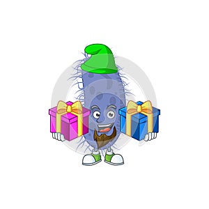 A smiling salmonella typhi cartoon design having Christmas gifts