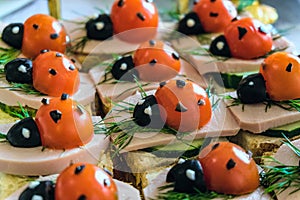 Smiling sandwiches with edible ladybugs from tomatos and olives, as well as bread, cheese, cucumber, sausage, dill