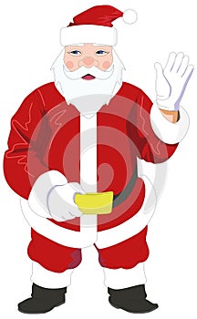 Smiling Santa Claus greets and stand on white background. Vector illustration.