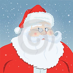 Smiling Santa Claus pointing at you, snowflakes in the background.