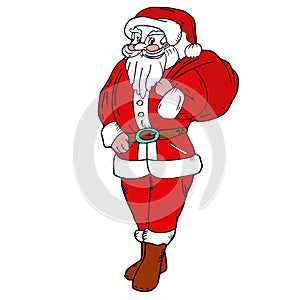 Smiling Santa Claus in red costume with presents bag. Symbol of the New Year and Christmas holidays