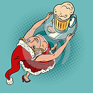 smiling santa claus waiter with a beer mug, Christmas bar pub restaurant