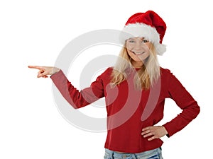Smiling Santa girl showing direction