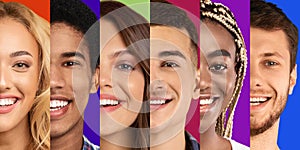 Smiling satisfied young international handsome men and women on multi colored backgrounds, close up